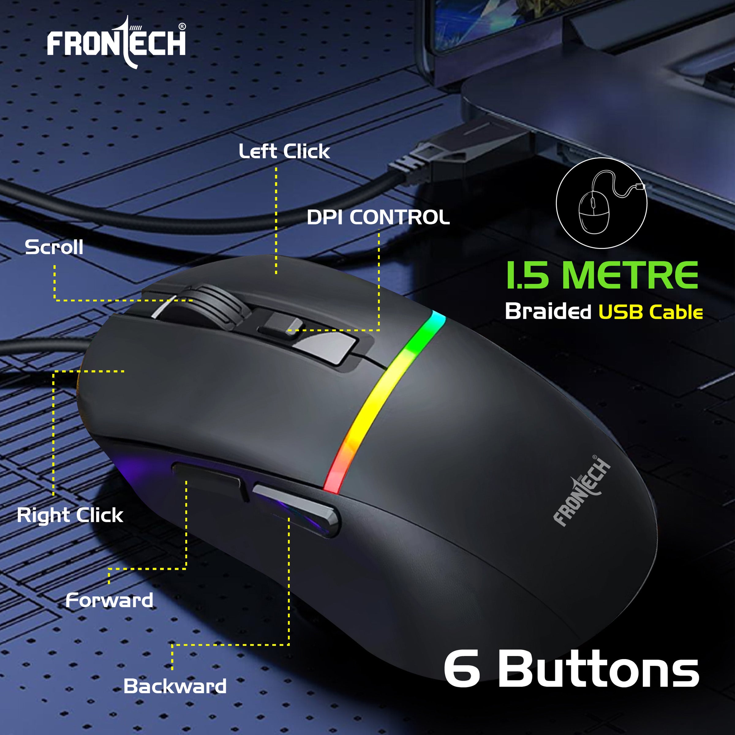 Frontech G902 - AuraGlow Ergonomic Gaming Mouse | 7200 DPI | 6-Button Control | Silent Click | 1.5M Braided Cable. (MS-0104) Frontech G902 - AuraGlow Ergonomic Gaming Mouse | 7200 DPI | 6-Button Control | Silent Click | 1.5M Braided Cable. (MS-0104)